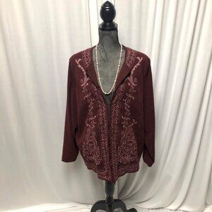 Susan Graver Jacket Womens Size 1X Burgundy Pink Embroidery Faux Suede Blazer